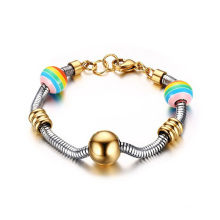 Stainless Steel Snake Chain 12mm Rainbow Beads Charm Gold Bead Bracelet